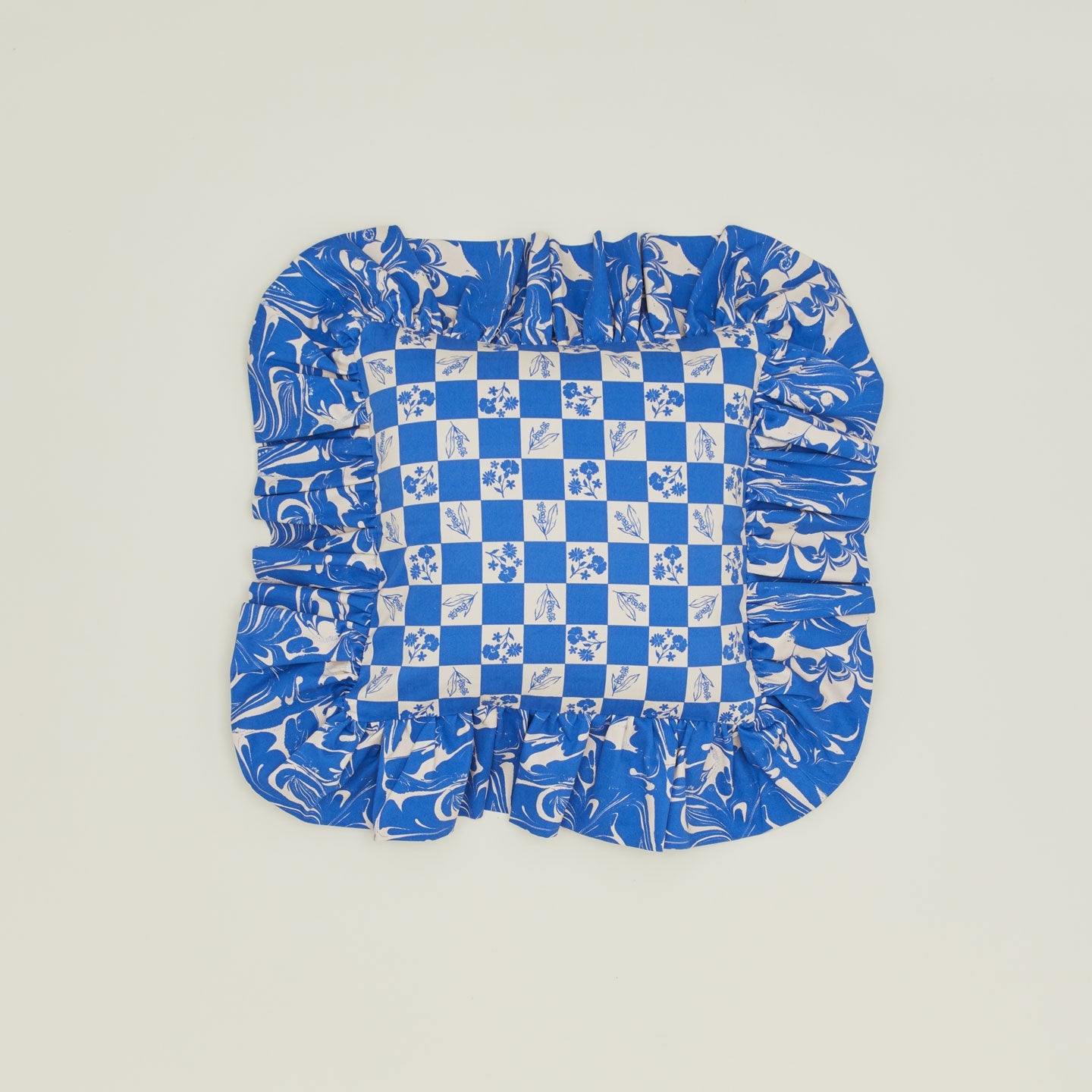 Ruffled Floral Cushion - Klein Blue Plaid