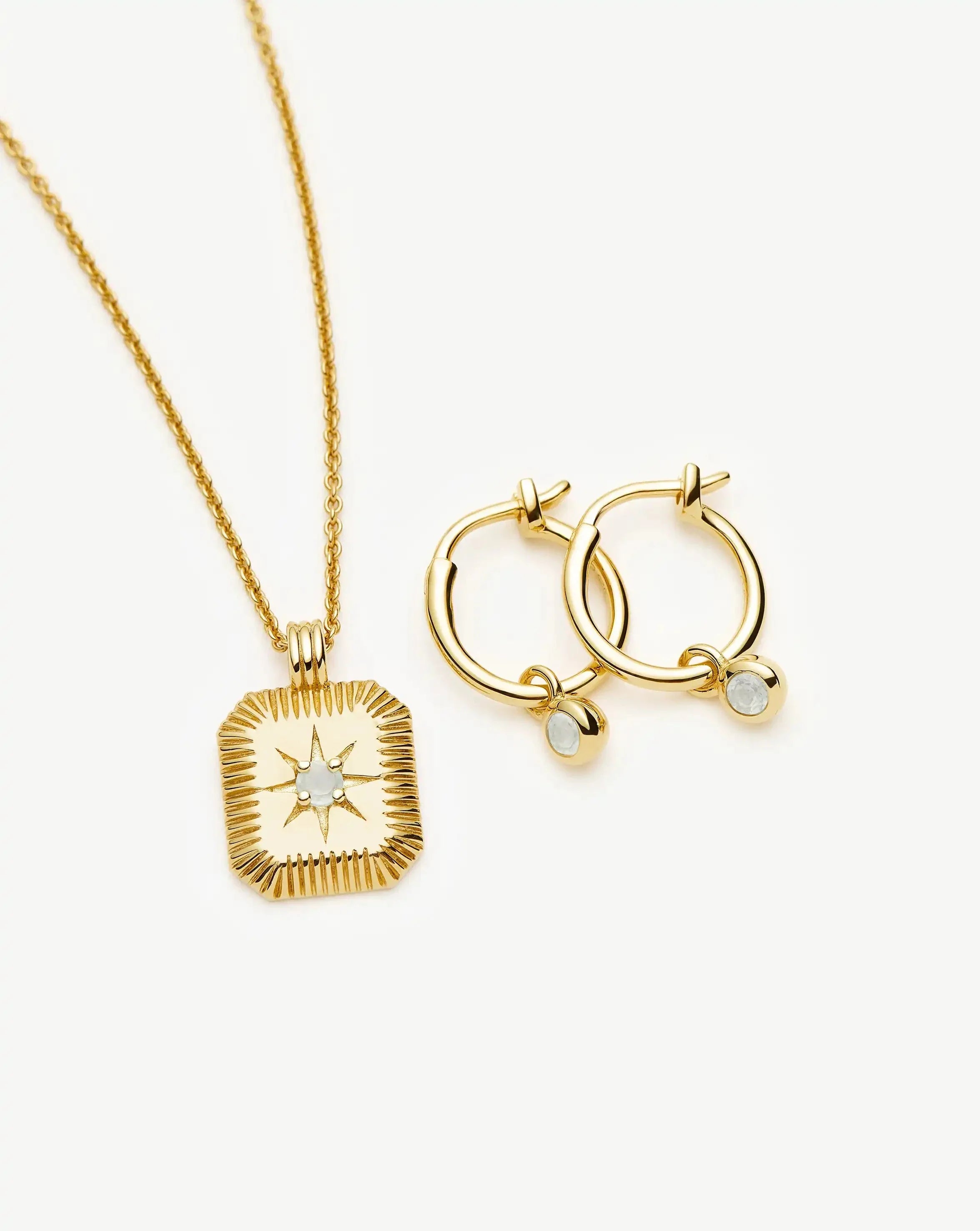 March Birthstone Necklace & Charm Earrings Set | 18ct Gold Vermeil/Milky Aquamarine