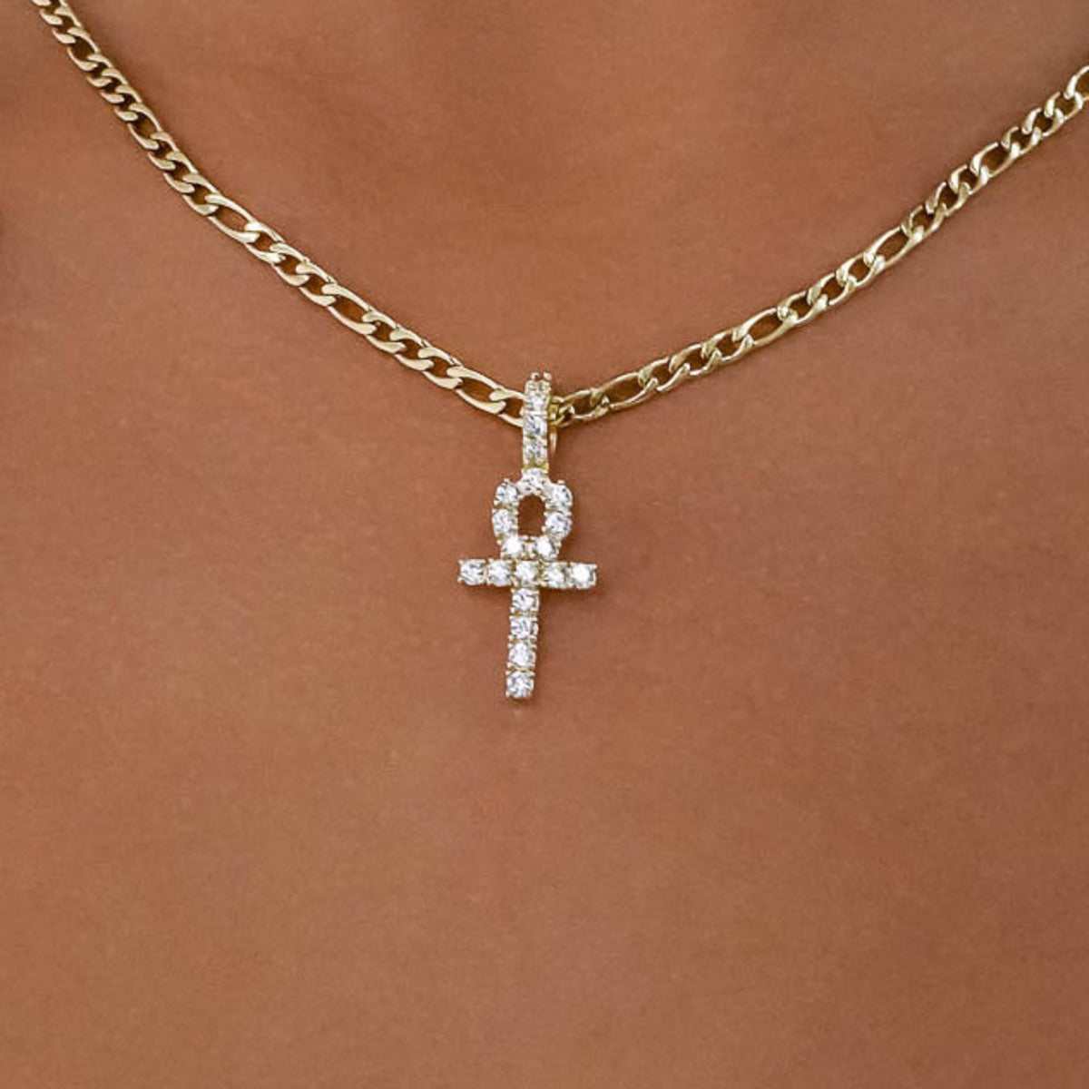 Micro Iced Ankh Cross Pendant in Yellow Gold