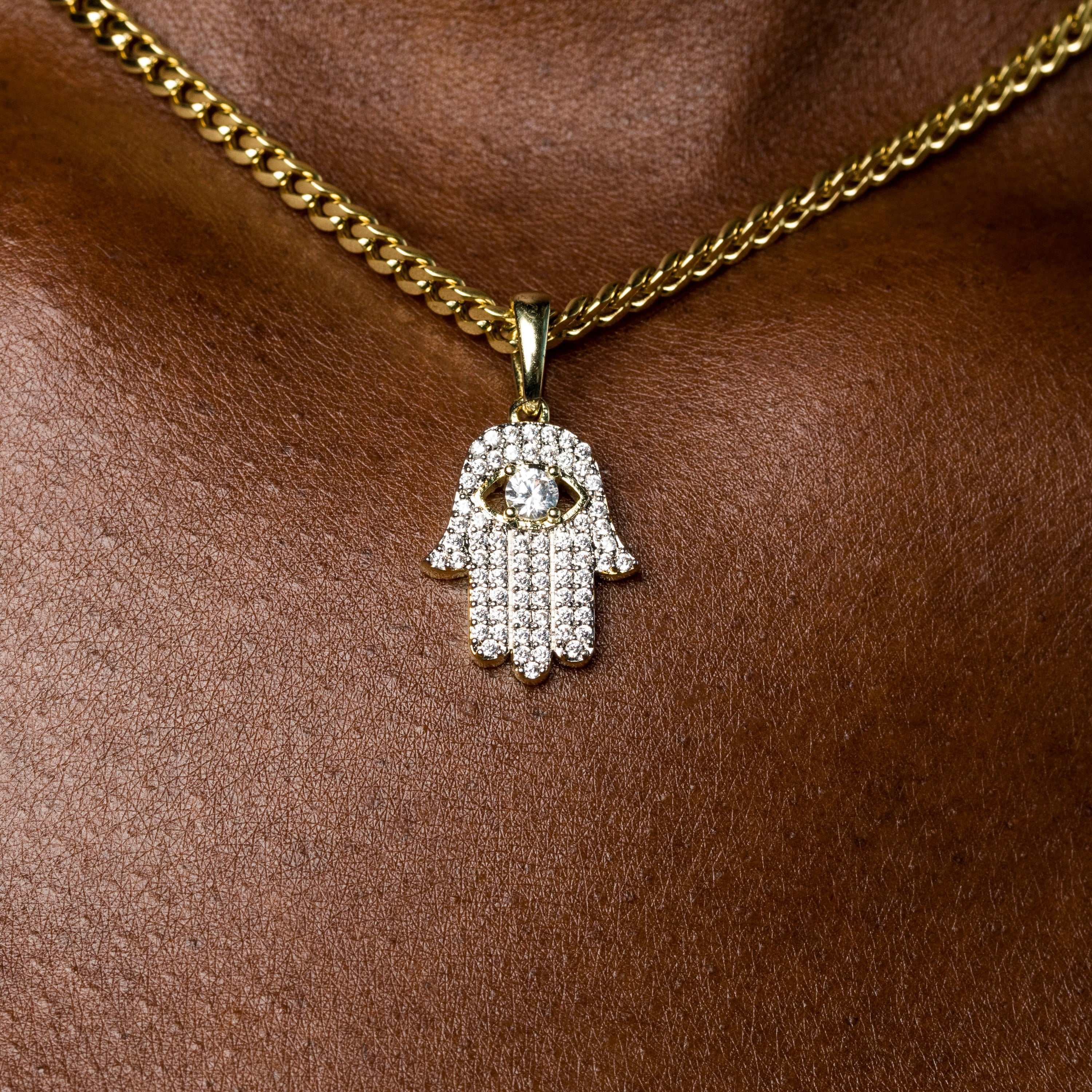 Micro Iced Hamsa Pendant in Yellow Gold