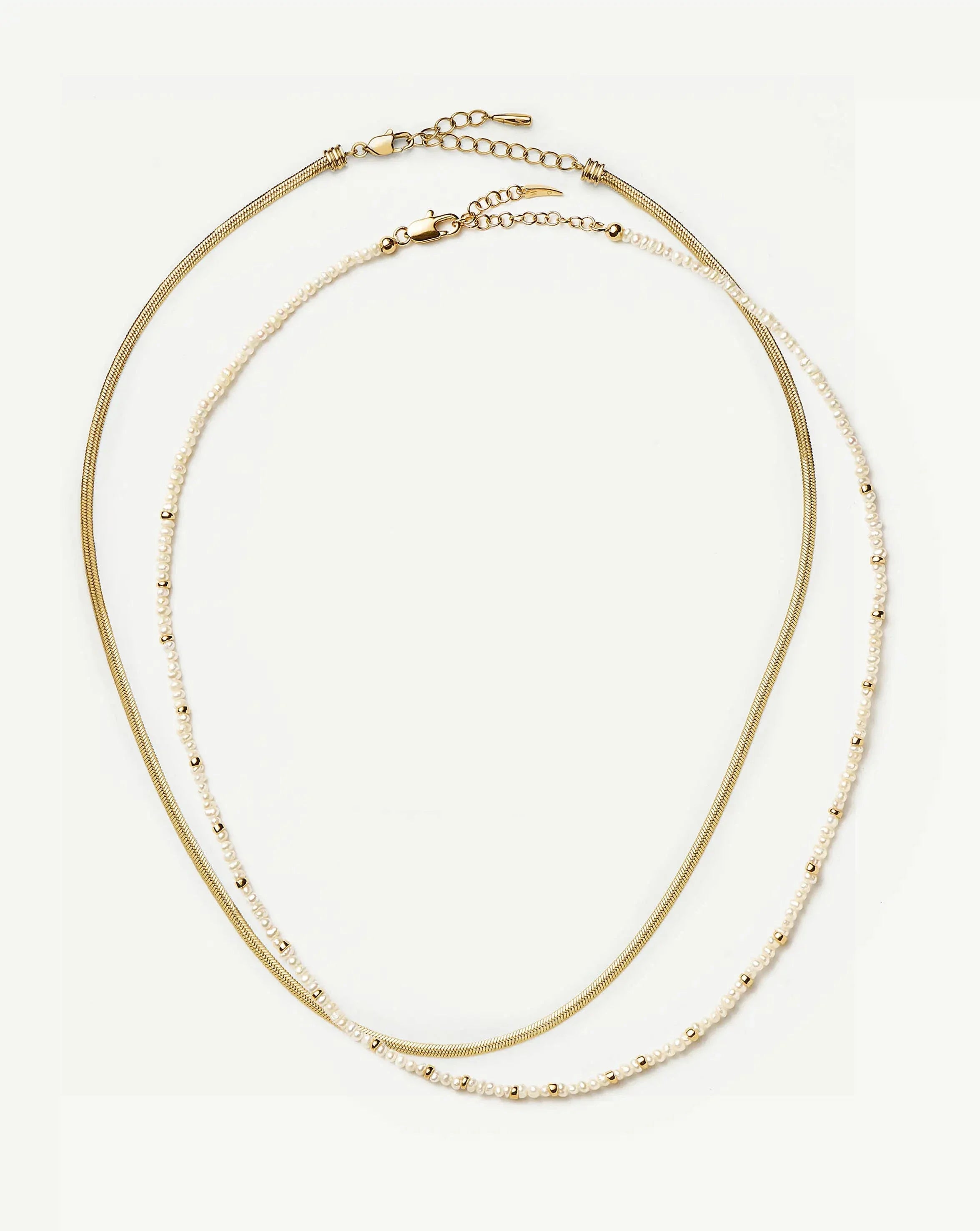 Micro Pearl Beaded & Thin Snake Chain Necklace Set | 18ct Gold Plated/Pearl