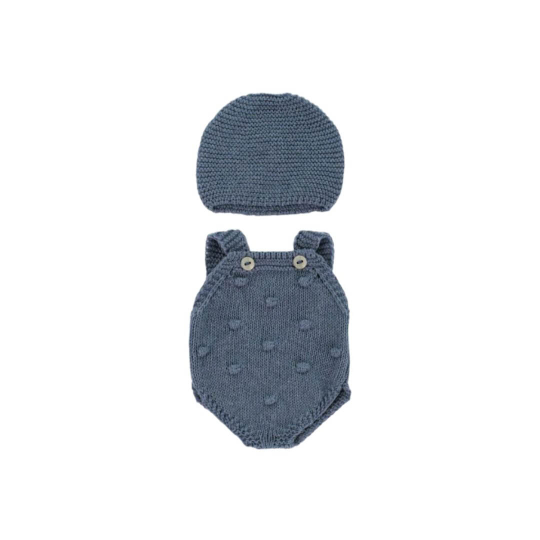 Navy Romper & Bonnet Set - 12" Knit Doll Outfit