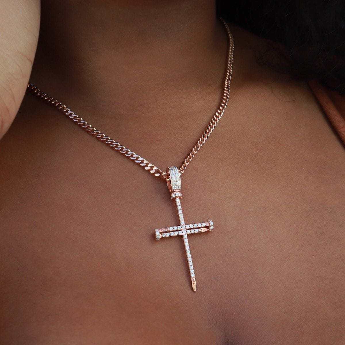 Iced Nail Cross in Rose Gold
