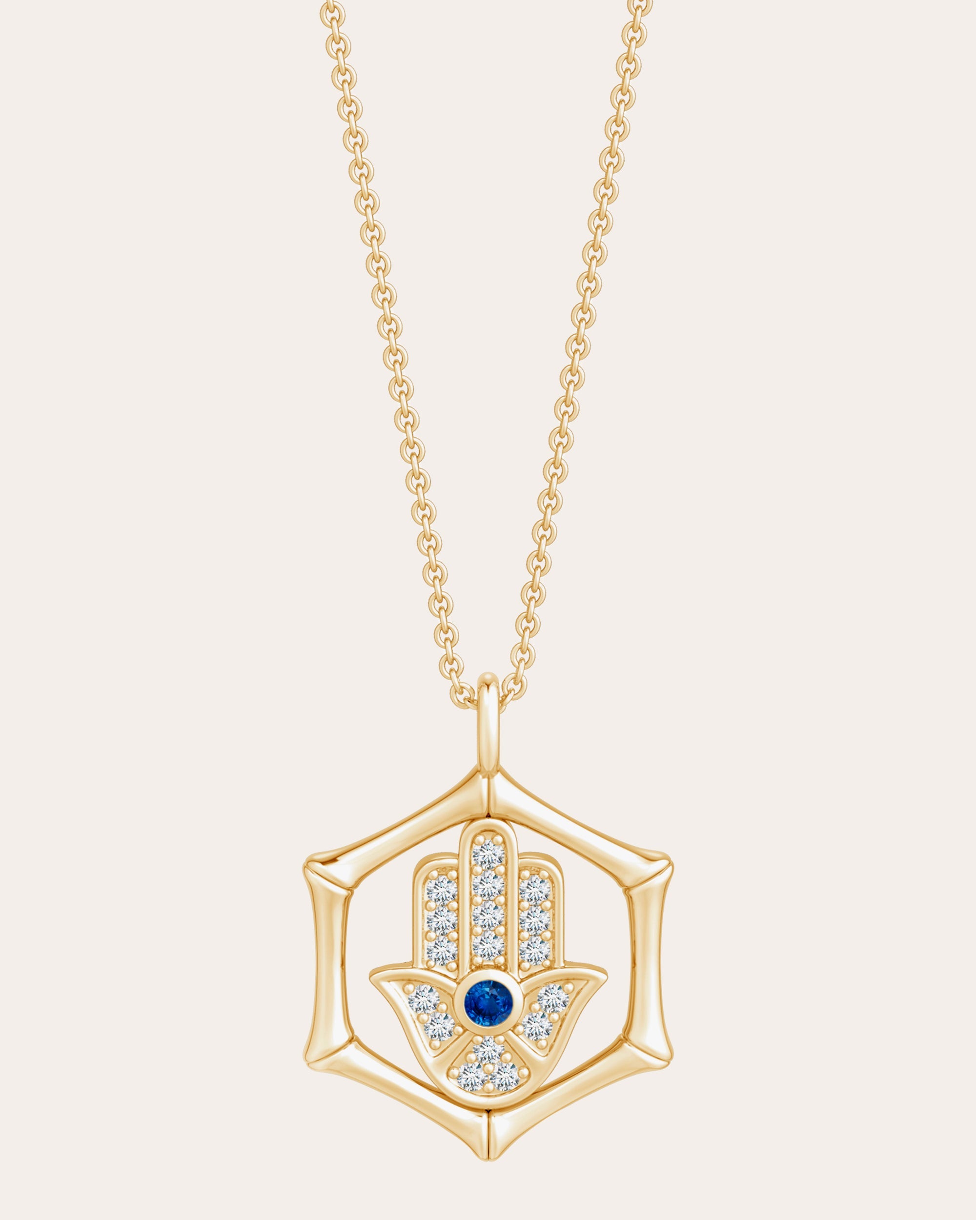 Bamboo 14K Gold Sapphire and Diamond Hamsa Pendant Necklace