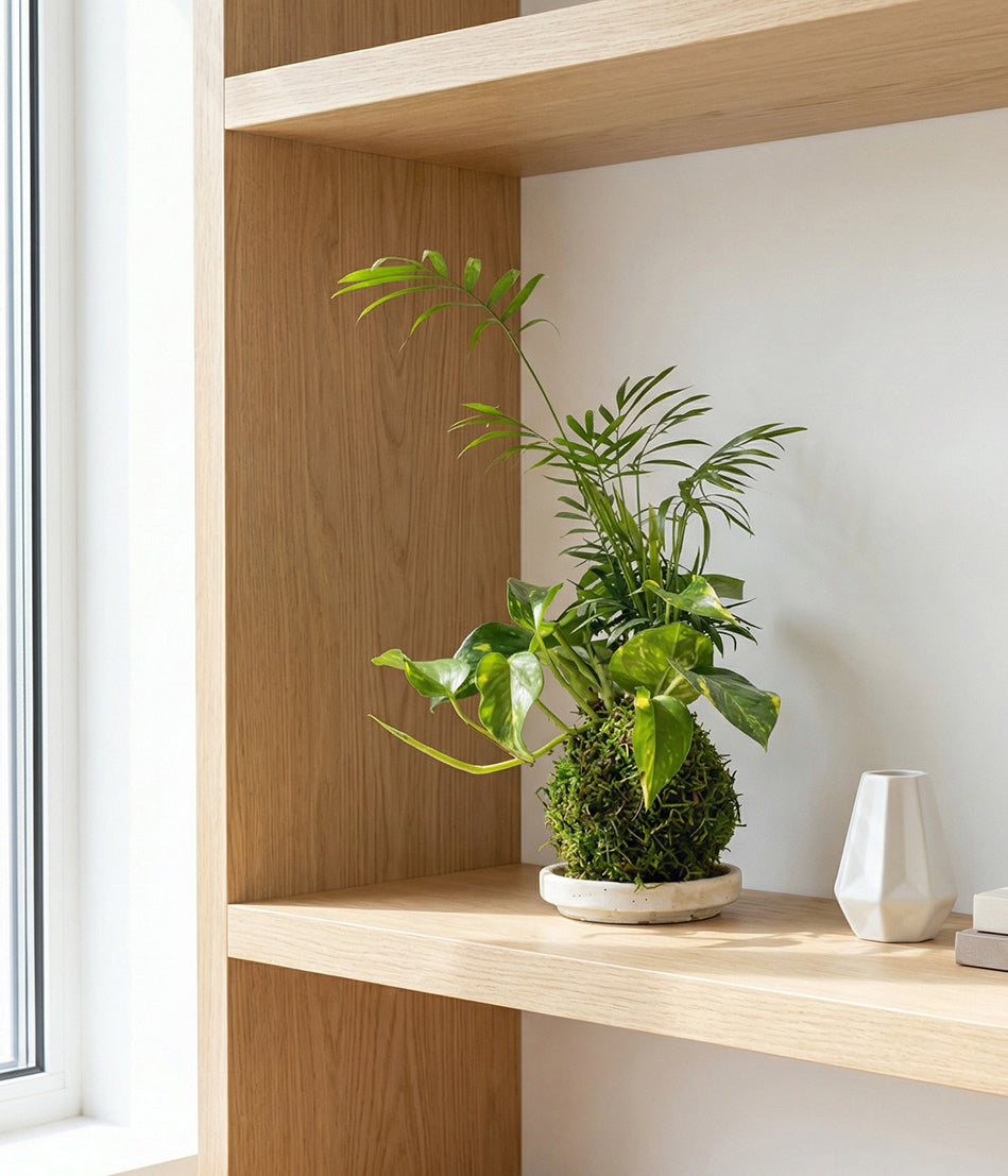 Parlor Palm and Golden Pothos Kokedama