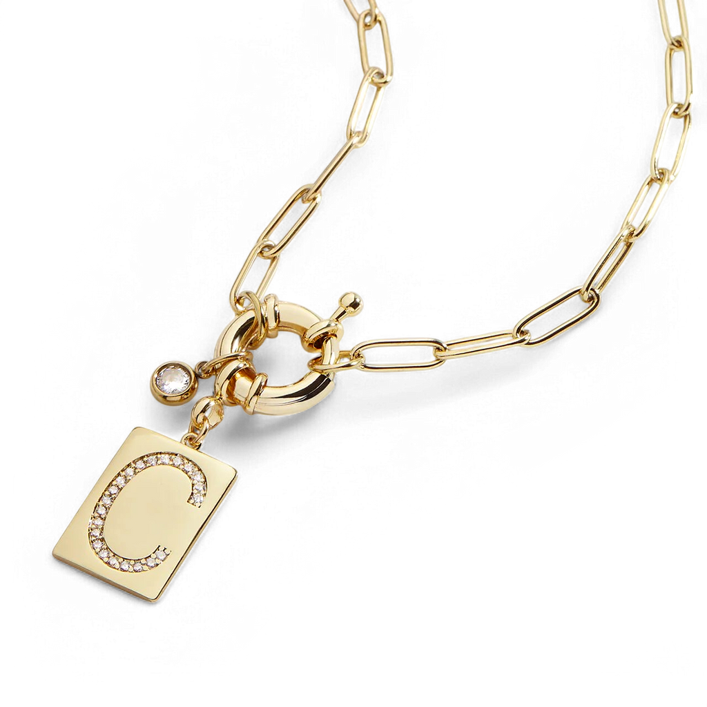 Pave Initial Pendant Necklace with Paperclip Chain