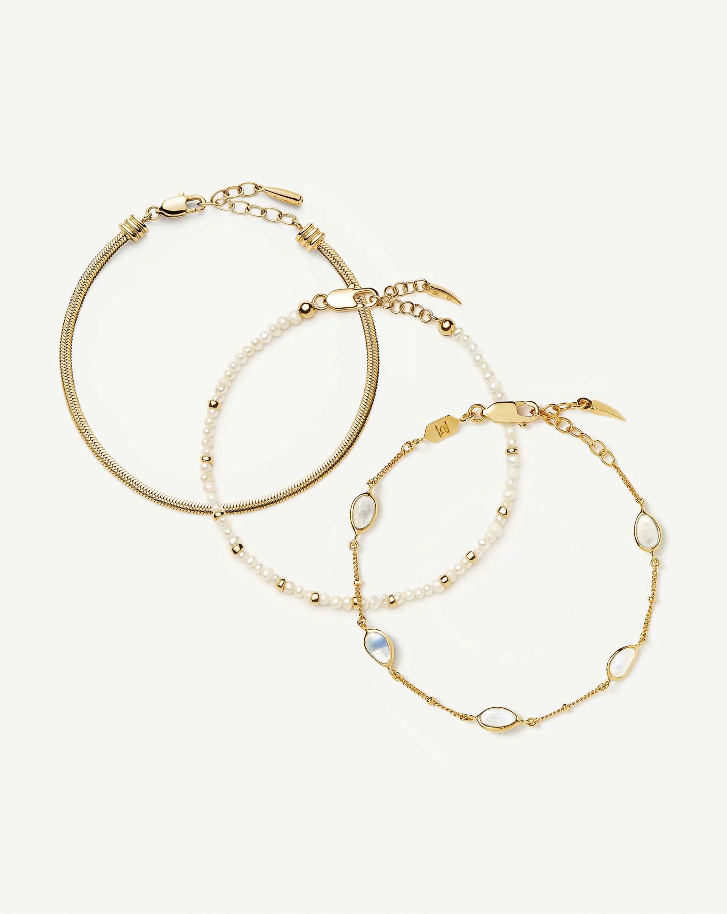 Pearl & Snake Chain Triple Bracelet Set  | 18ct Gold Plated/Pearl