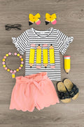 Pink Striped Glitter Pencil Short Set