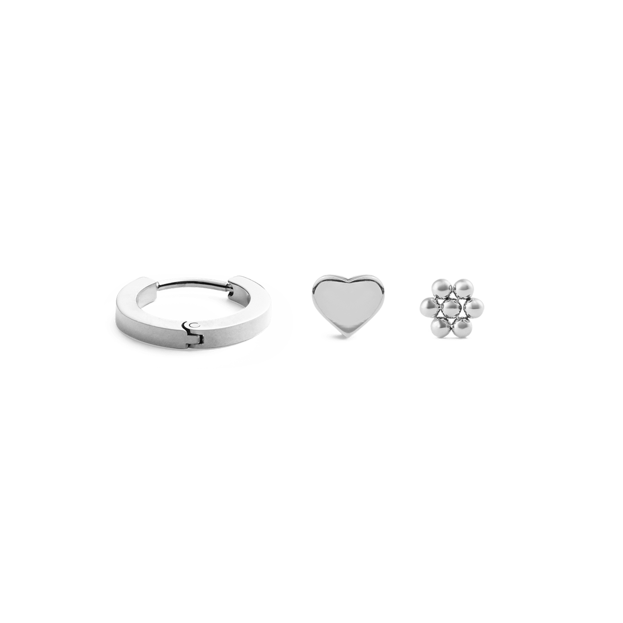 Hoop + Heart + Flower Stud Silver Set