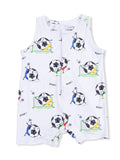 Sleeveless Shortie Romper, Soccer Balls Playing Soccer Blue
