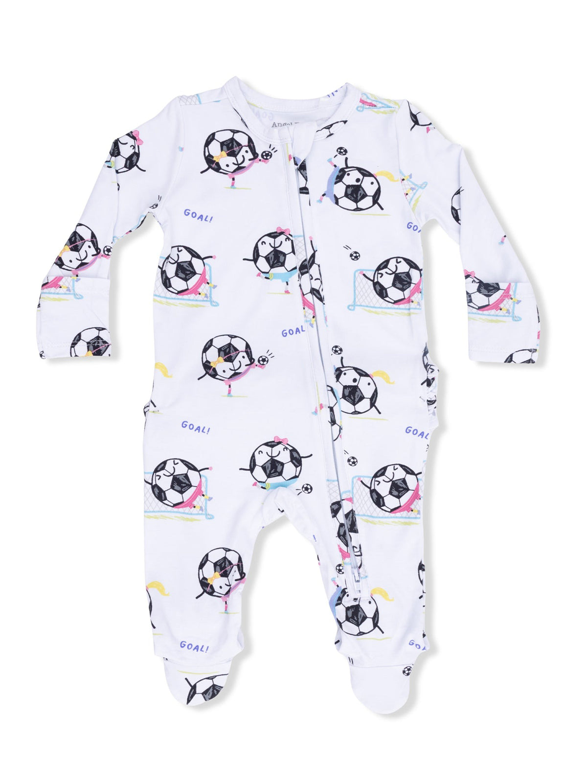2-Way Zip Ruffle Footie, Soccer Balls Playing Soccer Pink