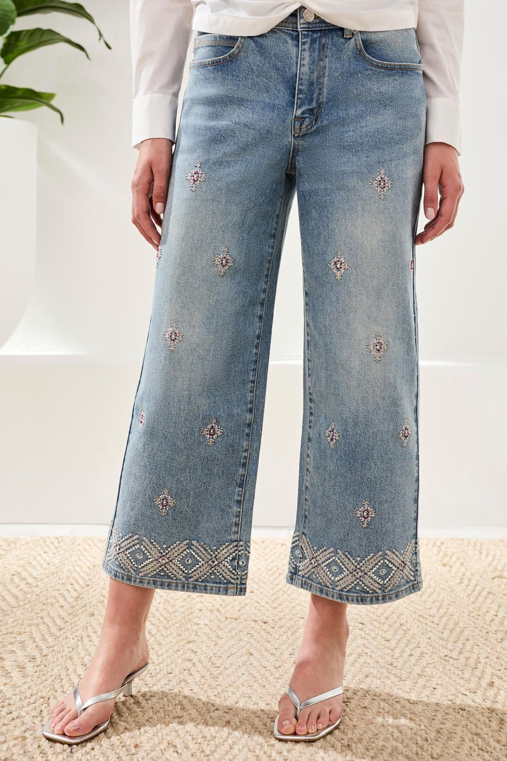 Audrey Hugging Wide Leg Denim With Embroidered Finish-Sweetblue