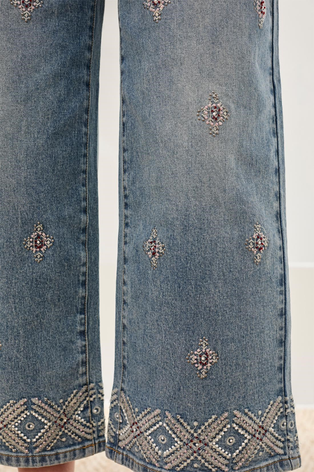 Audrey Hugging Wide Leg Denim With Embroidered Finish-Sweetblue