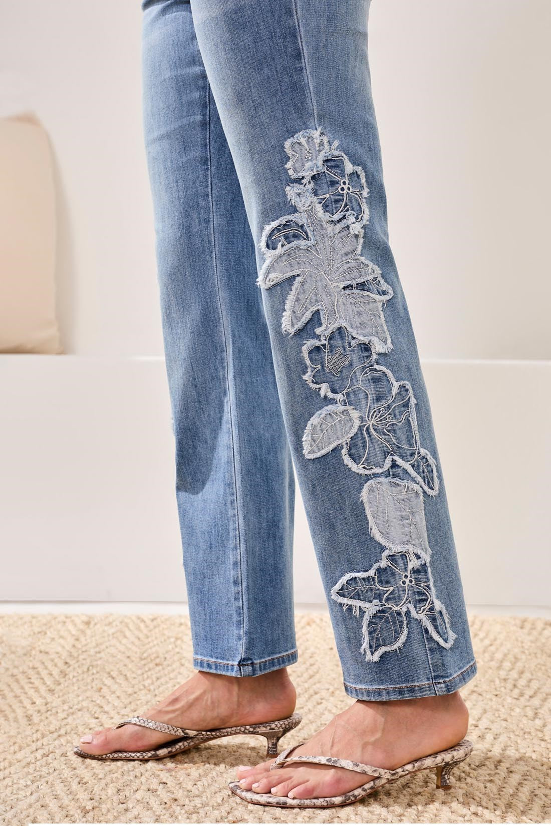 Embroidered Sophia Curvy Hugging Wide Leg Jeans-Pebbleblue
