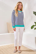 Cotton Crewneck Drop‑Shoulder Long Sleeve Top with Combo Trim-Jet blue