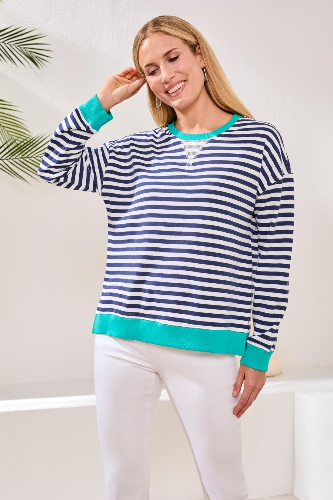 Cotton Crewneck Drop‑Shoulder Long Sleeve Top with Combo Trim-Jet blue