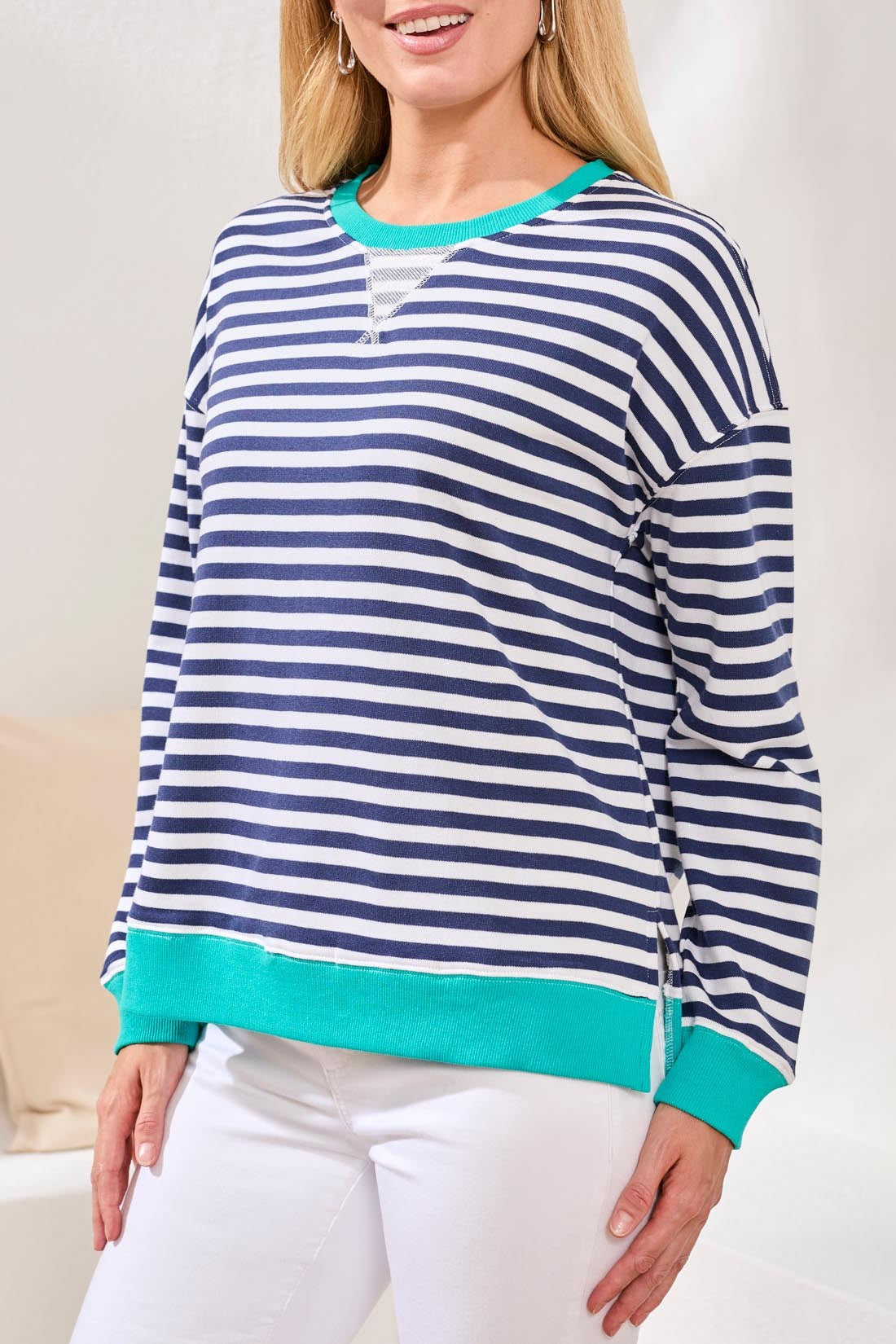 Cotton Crewneck Drop‑Shoulder Long Sleeve Top with Combo Trim-Jet blue