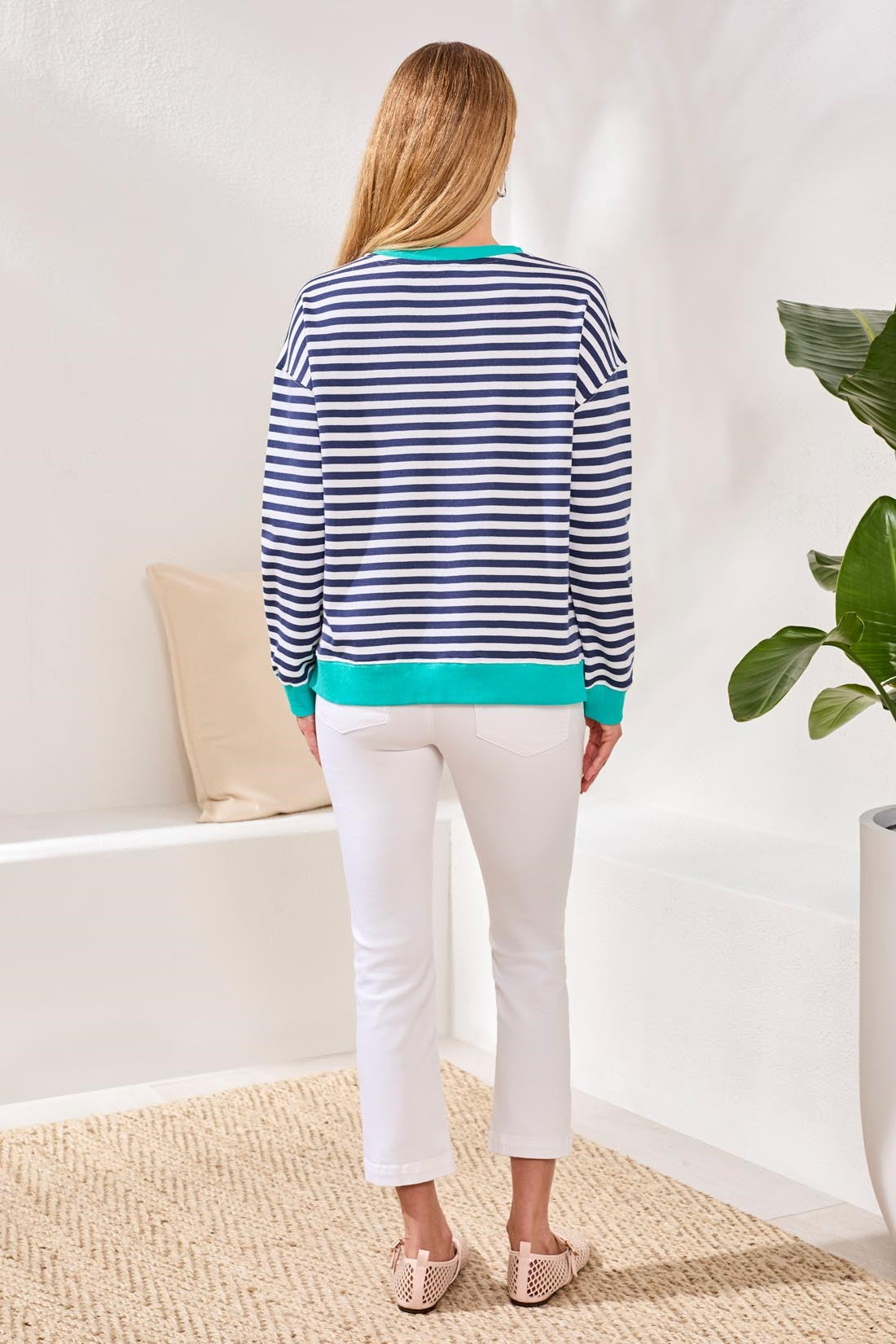 Cotton Crewneck Drop‑Shoulder Long Sleeve Top with Combo Trim-Jet blue