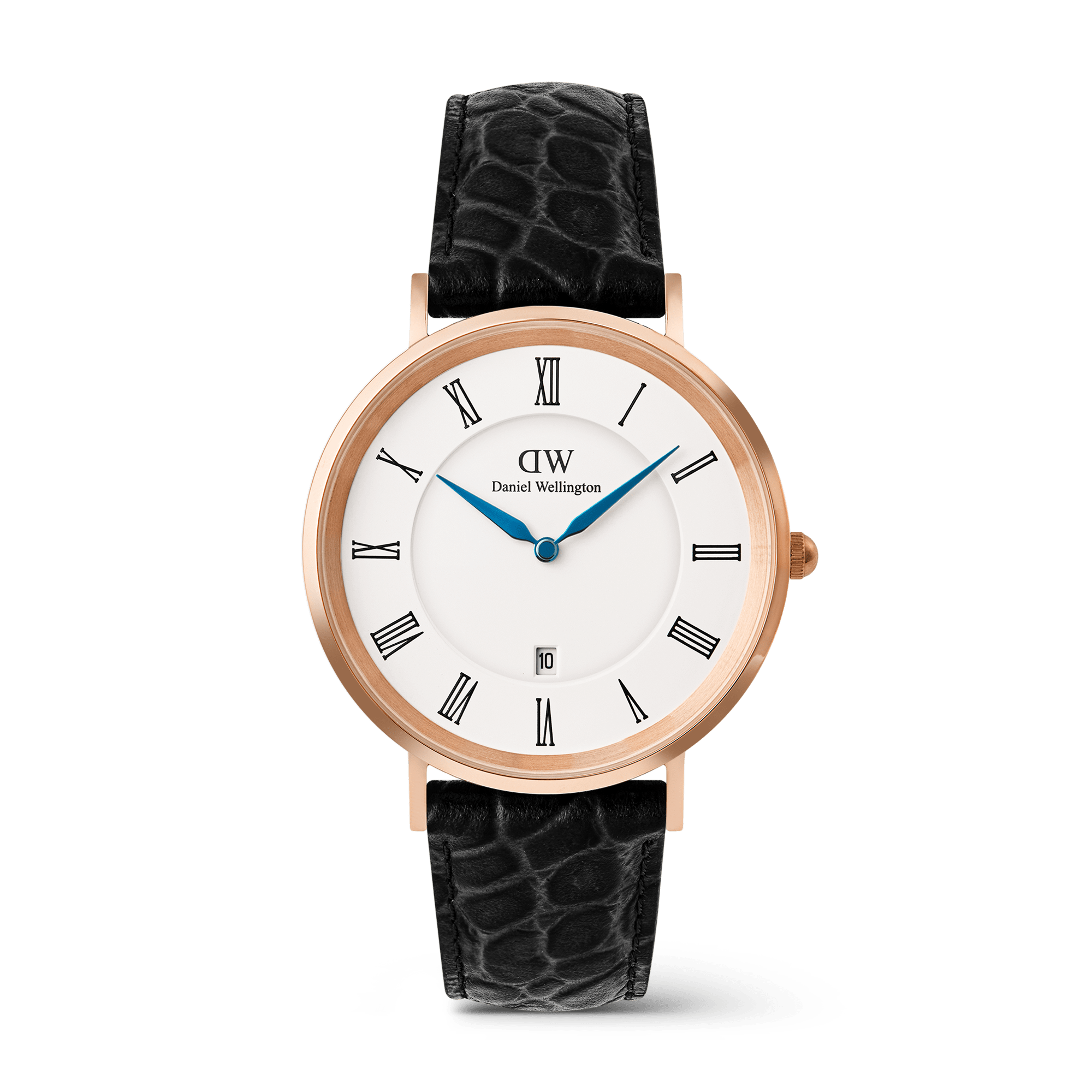 Classic Roman Numerals Date Black Croc Belly Rose Gold