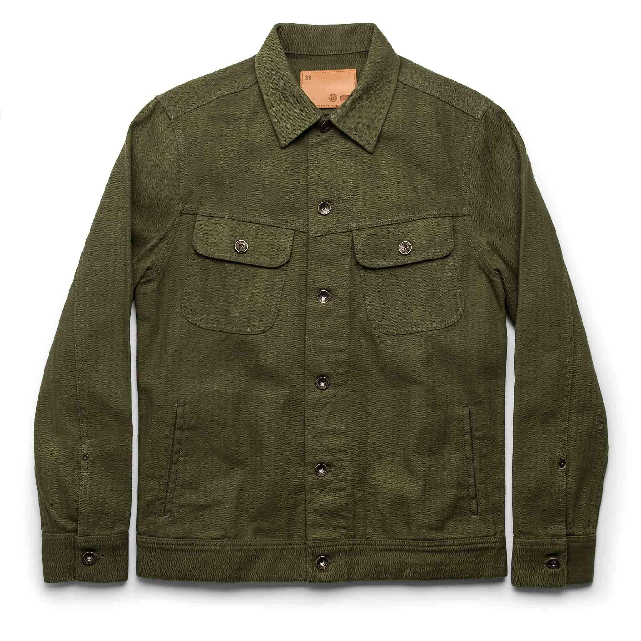 The Long Haul Jacket in Washed Olive Herringbone