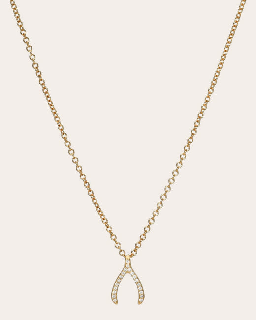 Mini Wishbone 14K Gold Diamond Pendant Necklace