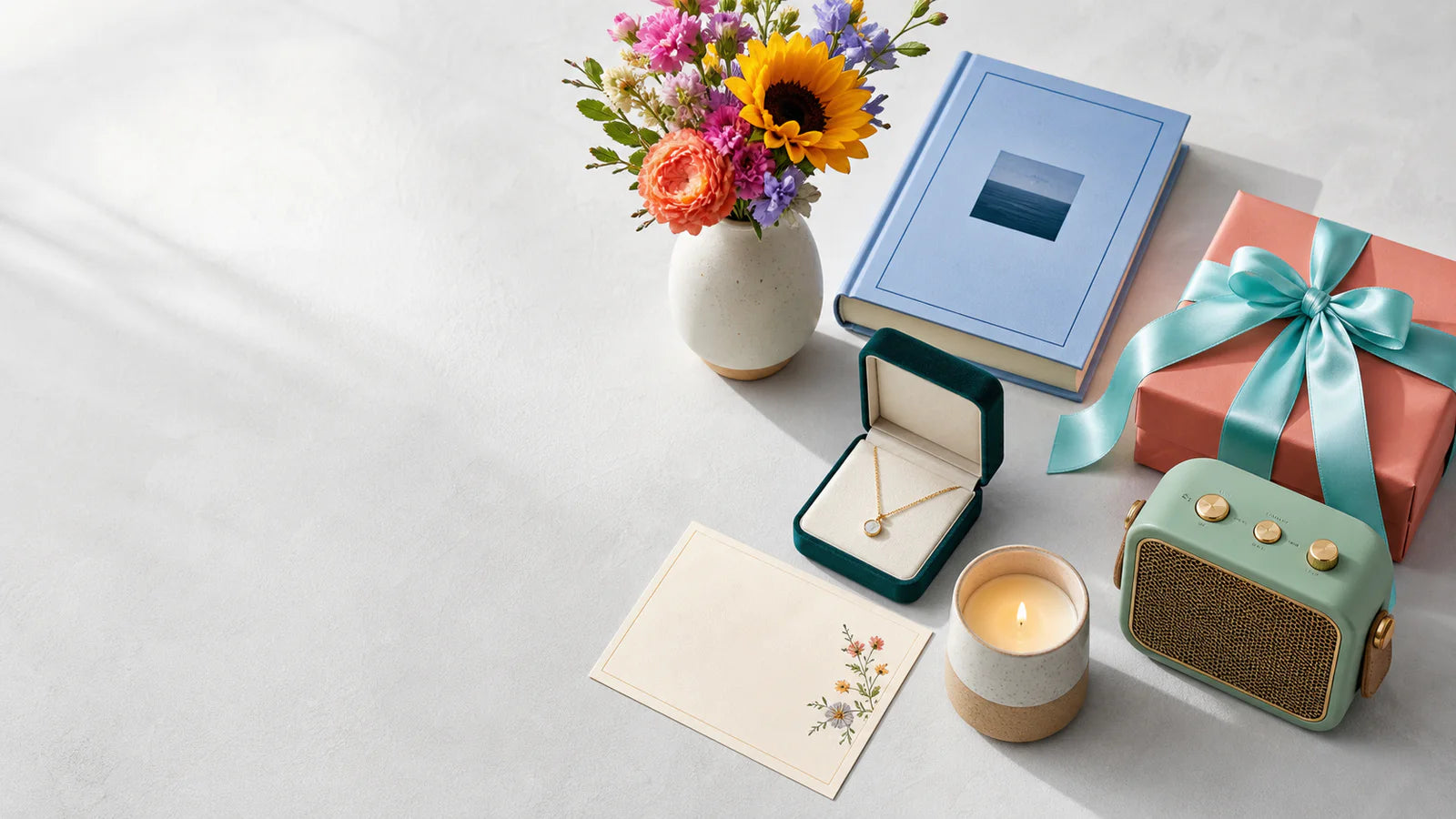 A curated selection of flowers, books, jewelry, candles, and wrapped gifts
